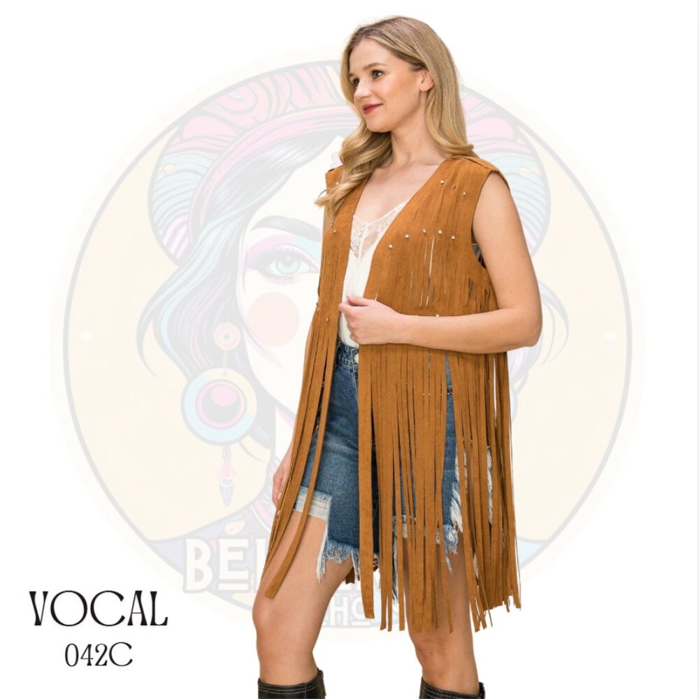 042C VOCAL Camel Rhinestone Laser Cut Long Fringe Micro Suede Vest